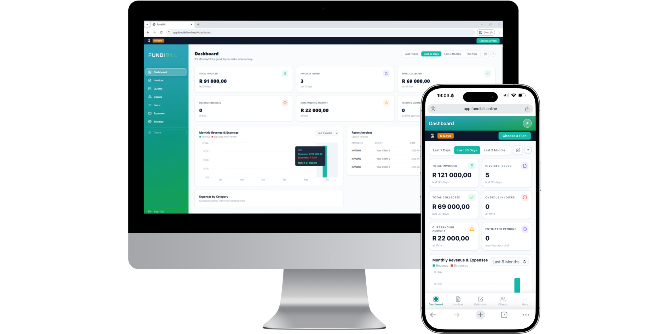 FundiBill invoicing app on desktop and mobile devices