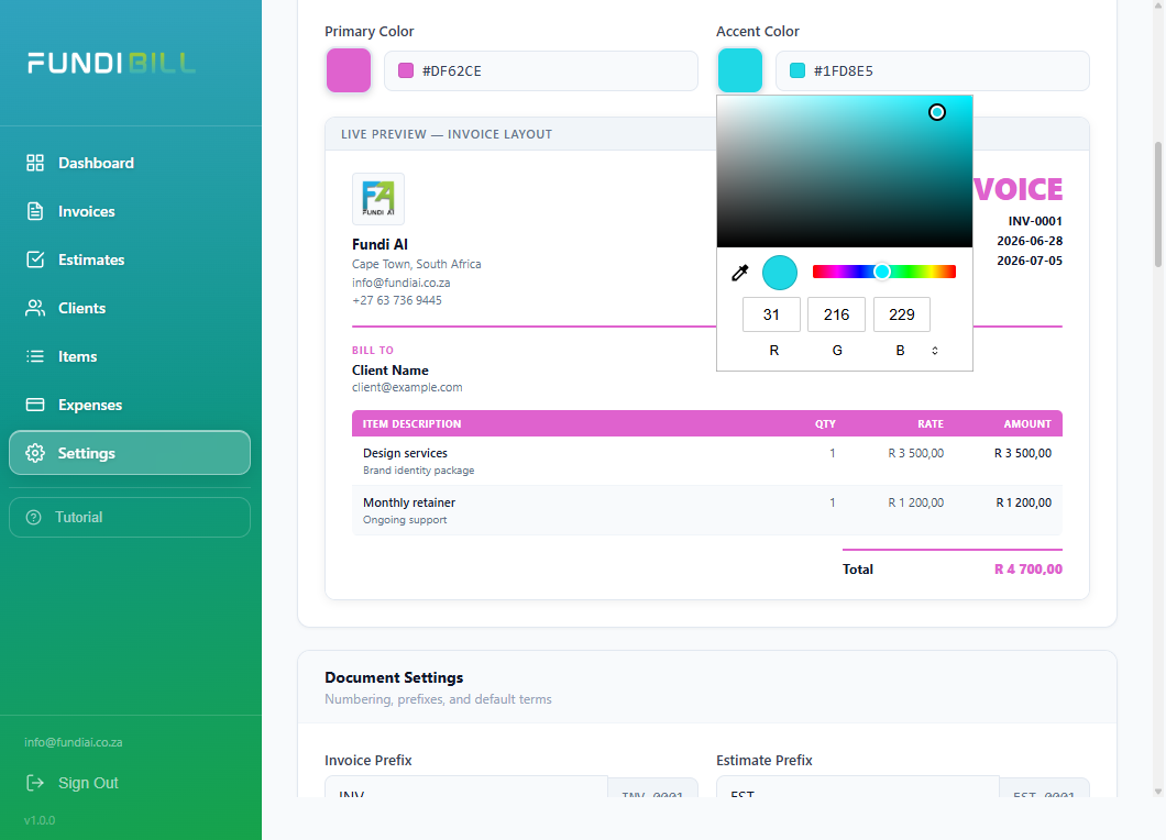 Branded invoice created with FundiBill showing custom logo and colours
