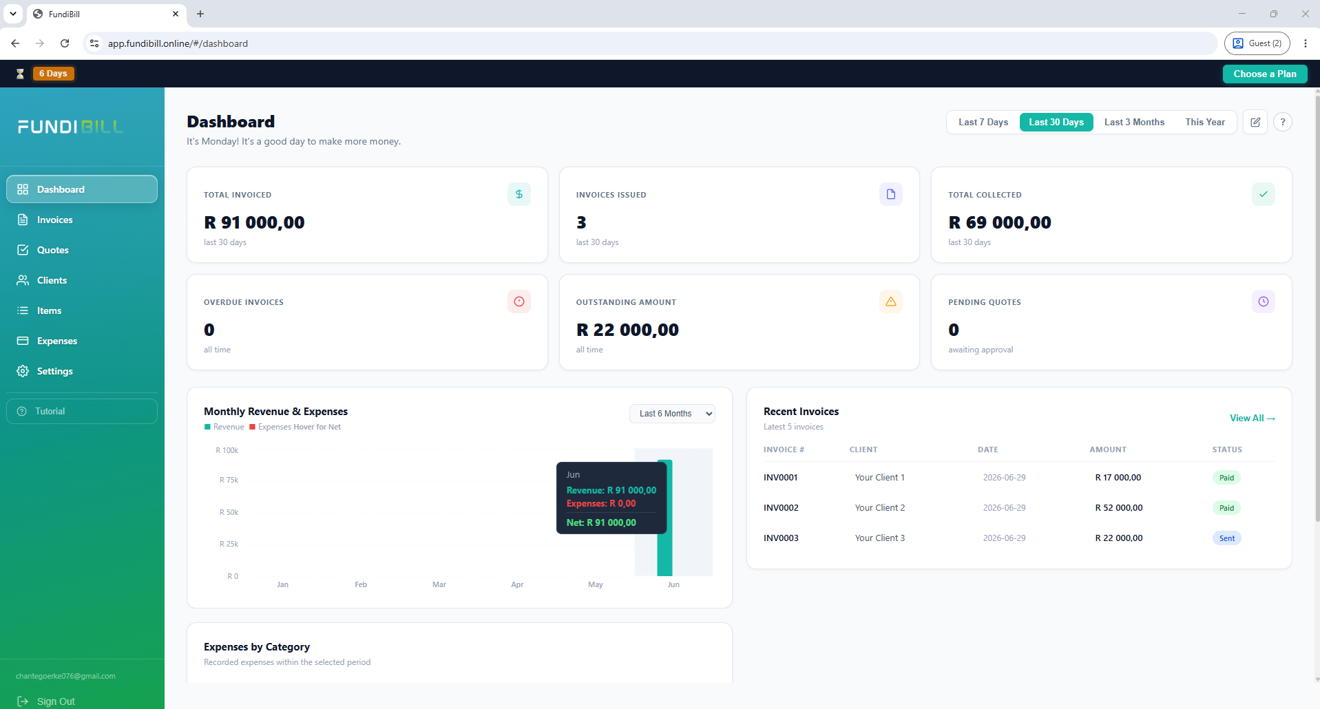 FundiBill invoicing app dashboard for South African small businesses