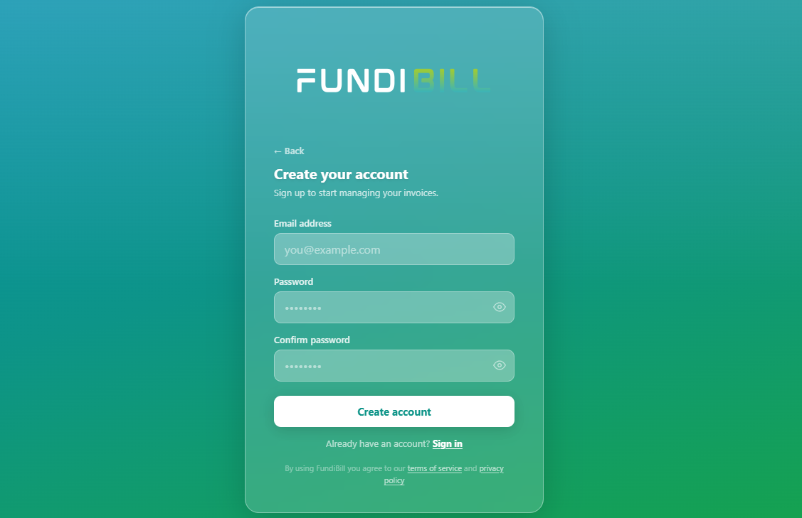 FundiBill invoicing Account creation page