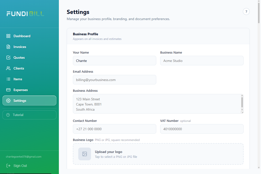 FundiBill Settings Dashboard Settings dashboard on FundiBill Invoice App with Business Profile settings