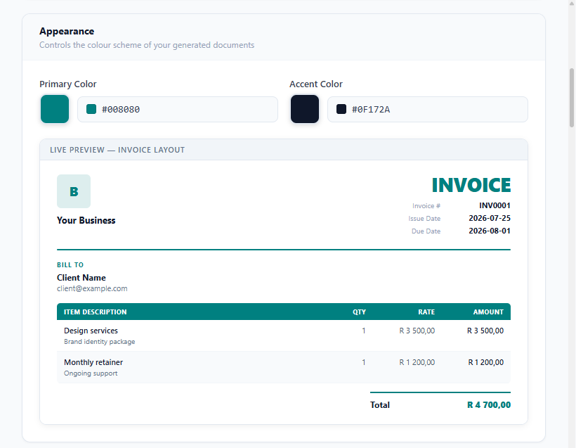 Customize invoice template from FundiBill invoice app