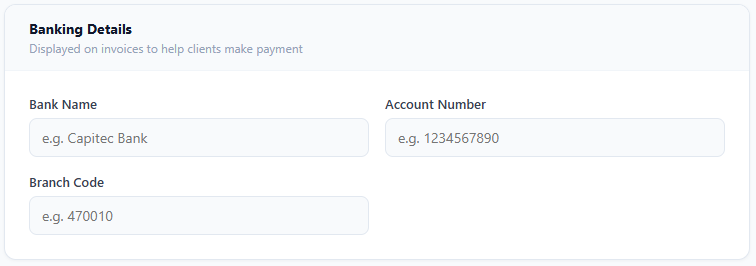 Banking details settings in FundiBill invoice app setup instructions
