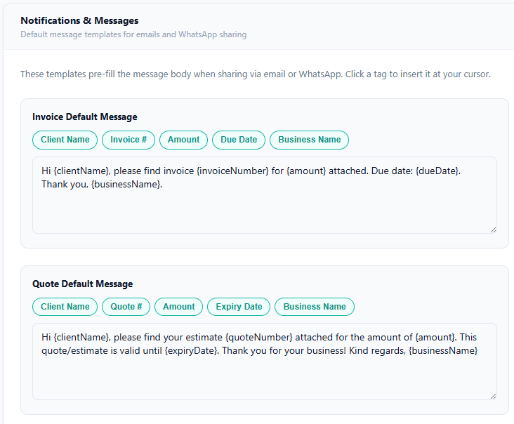 notifications and message settings in FundiBill dashboard