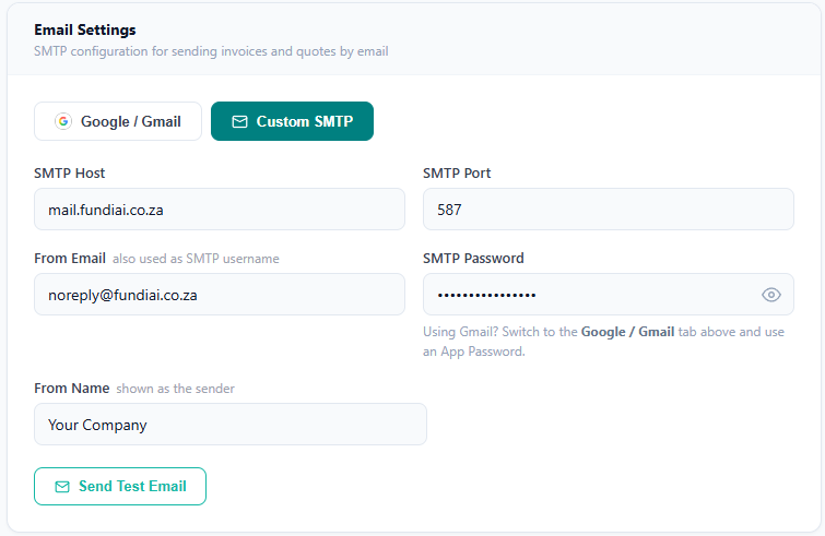 setting up emails in FundiBill invoice app