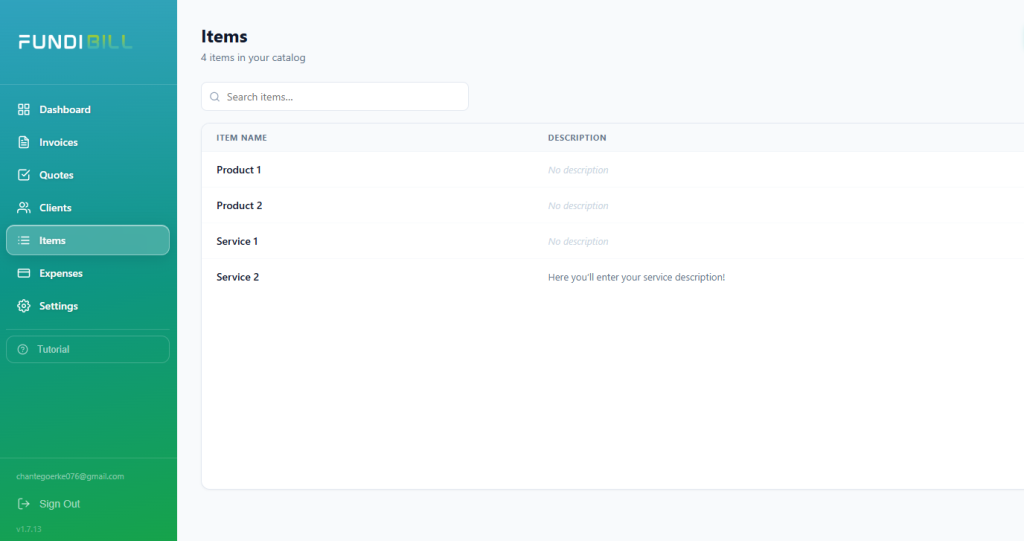 FundiBill Items dashbaord for adding products or services